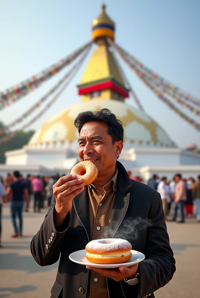 Will please create a photo of Nepali hero mahanayak Rajesh hamal eating donut with matka chiya with beautiful boudha stupa background