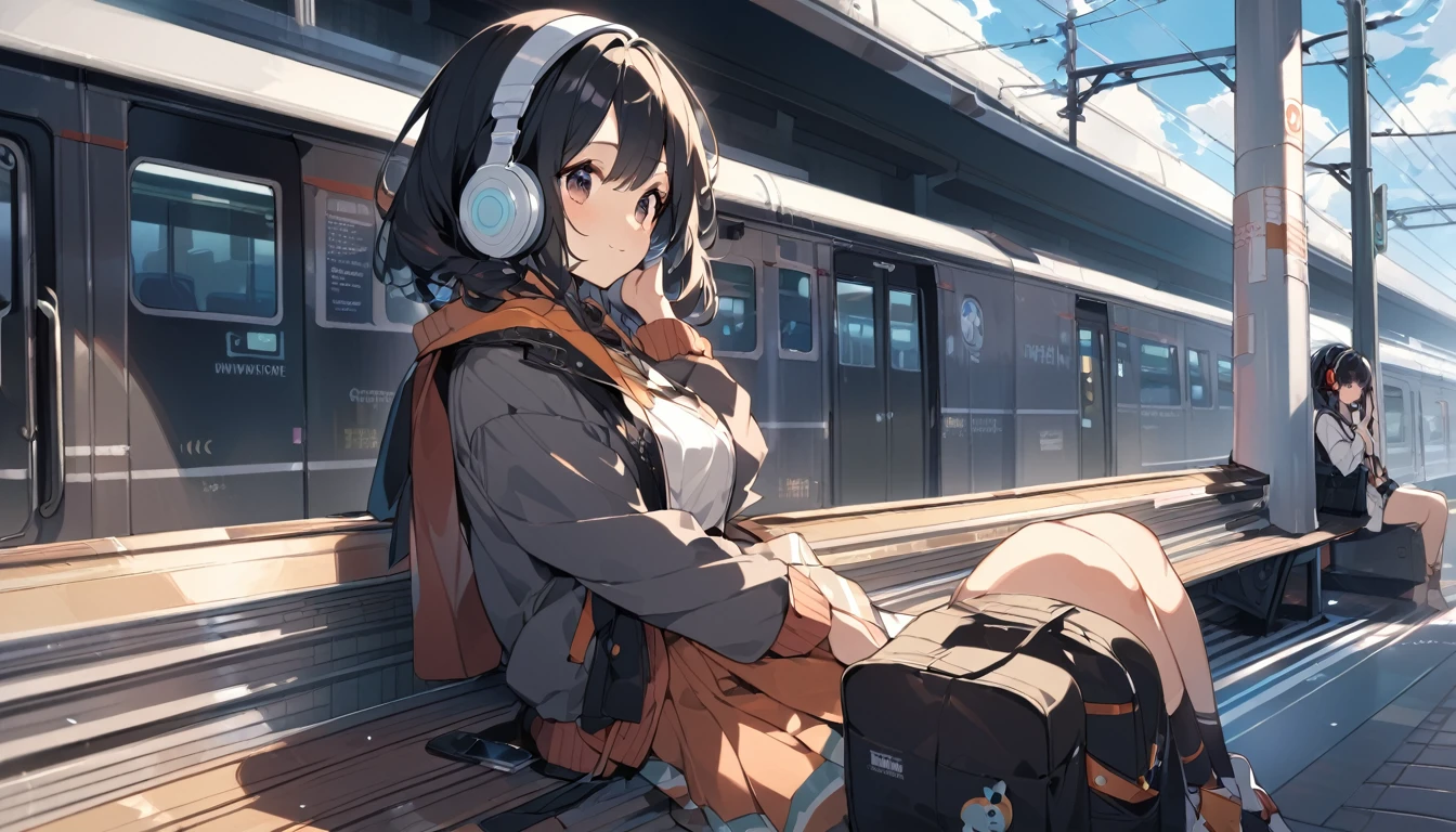 A woman with black hair and cute clothes sitting on a bench on the station platform waiting for a train,Streetscape、Listening to music with headphones、Japanese