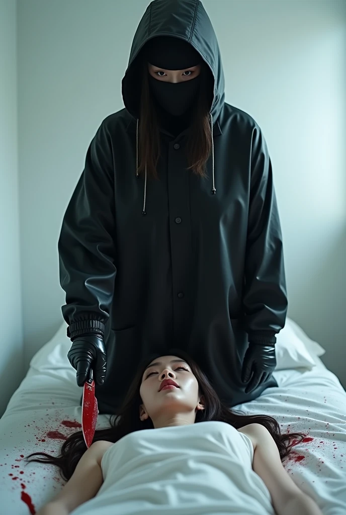 korean girl, (behind stiff, holding knife), stabbing, leather balaclava mask, black gloves, white room, black raincoat, bloody knife, black gloves, woman on top, behind cadaver, blood splatter, on the bed, looking at viewer, mass murderer, killer, blood splatter, light from the window, close-up,