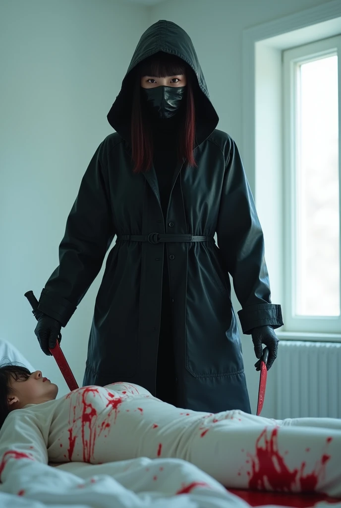 korean girl, (behind stiff, holding knife), stabbing, leather balaclava mask, black gloves, white room, black raincoat, bloody knife, black gloves, woman on top, behind cadaver, blood splatter, on the bed, looking at viewer, mass murderer, killer, blood splatter, light from the window, close-up,