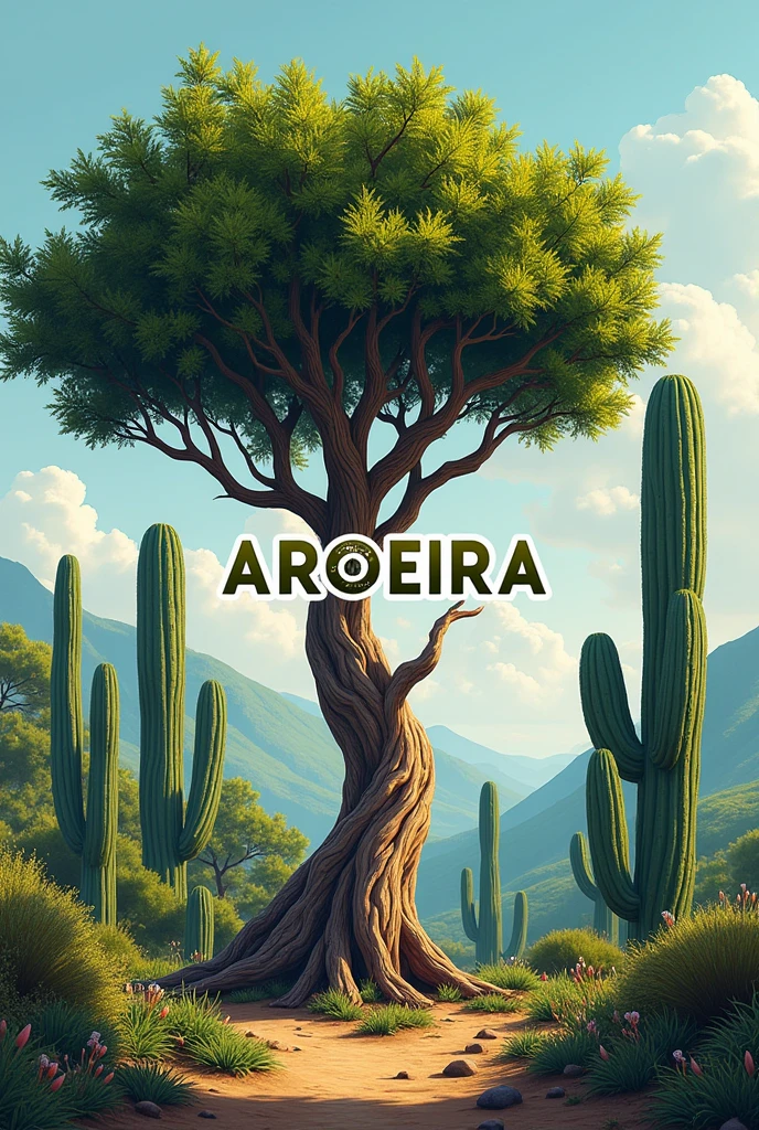 the image of a Mastic Tree (typical plant of the northeast) No fundo, with a landscape that brings elements of the northeastern hinterland such as cacti, mandacarus, and the word AROEIRA highlighted in the middle in capital letters. It could be one more image as it is for a 3rd  class