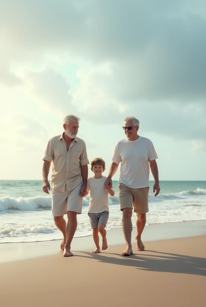 Image of a 3 man, another 30 year old and a  son walking on the beach
