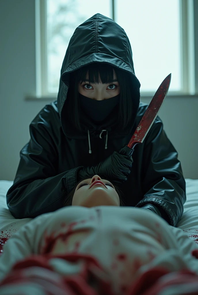 korean girl, (behind stiff, holding knife), stabbing, black balaclava mask, black gloves, white room, black raincoat, black wet suit, trucker hat, bloody knife, black gloves, low pony tail, woman on top, behind cadaver, blood splatter, on the bed, girl only, looking at viewer, mass murderer, killer, blood splatter, atmospheric realistic, light from the window,