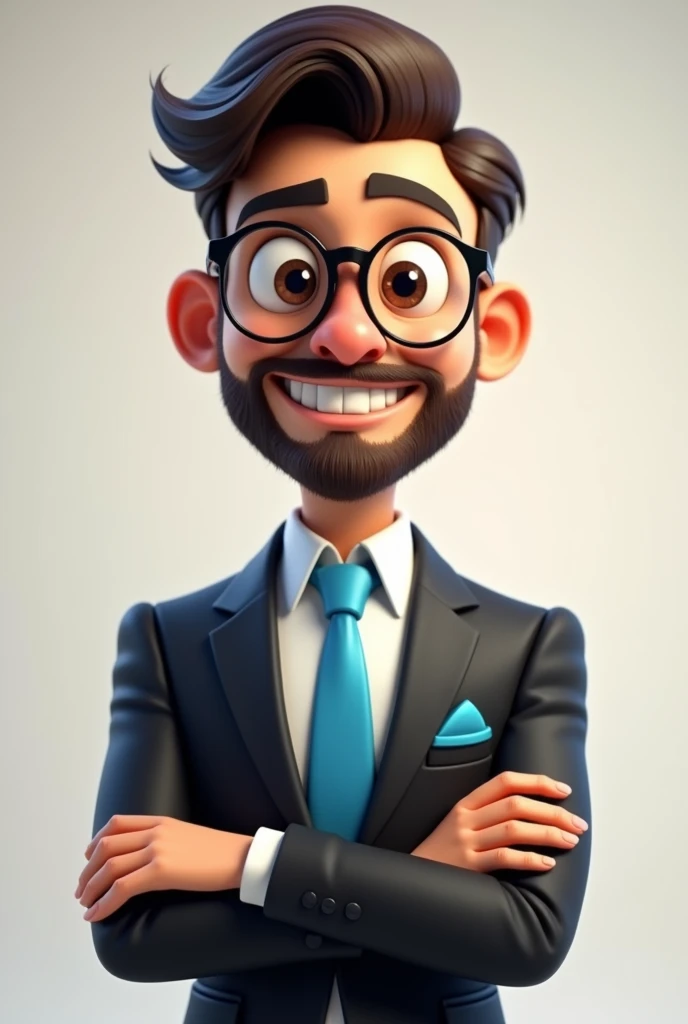 A full body 3D cartoon character. He has a friendly and charismatic appearance. The character is a young man with fair skin, a beard and dark brown hair combed up, thick eyebrows, large brown eyes and wears glasses. He is smiling confidently. The character is dressed formally, wearing a black suit, white shirt and blue tie. In his jacket pocket is a blue handkerchief, matching his tie. He has his arms crossed in front of his body. Your posture and relaxed posture suggest confidence and ease. The background of the image is neutral, which highlights the character even more.