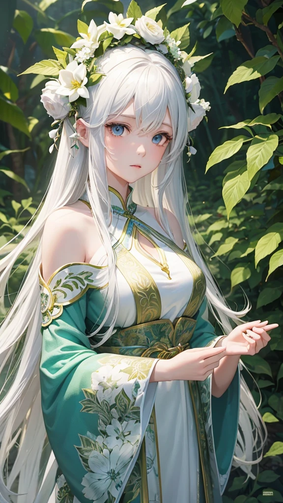 "Create a digital anime style illustration of a beautiful forest goddess。, Flowing white hair. She should wear a detailed all-over white dress decorated with leaf and floral patterns., Perfect for a fantasy theme. Transparent woman.The dress design does not reveal any skin., Use additional fabric or natural elements such as leaves and vines to cover. Characters should have an elegant and mature appearance, Look Around 2, With cool eyes and a calm expression, just increase the wide angle a little.. The background is rich, A mysterious forest woven with soft light and shining plants, Enhance the mystical atmosphere."