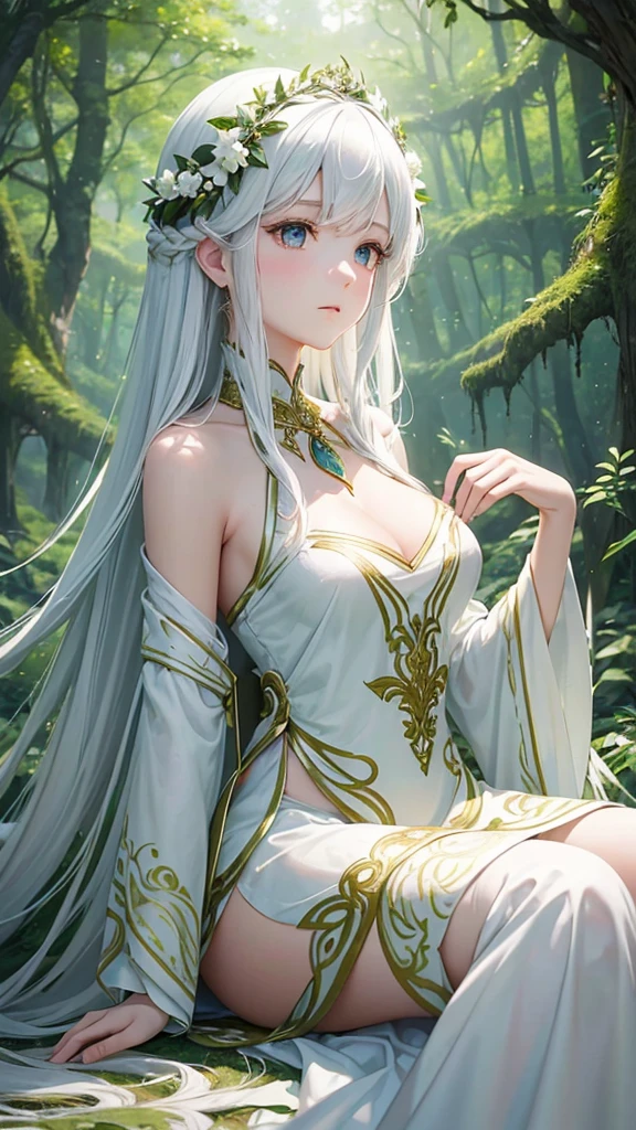 "Create a digital anime style illustration of a beautiful forest goddess。, Flowing white hair. She should wear a detailed all-over white dress decorated with leaf and floral patterns., Perfect for a fantasy theme. The dress design should not expose too much skin.,  Use additional fabric or natural elements such as leaves and vines to cover. Characters should have an elegant and mature appearance, Look Around 2, With expressive eyes and a calm expression. The background is rich, A mysterious forest woven with soft light and shining plants, Enhance the mystical atmosphere."