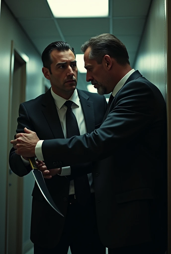 man stabbing knife another man behind his back in suits close up