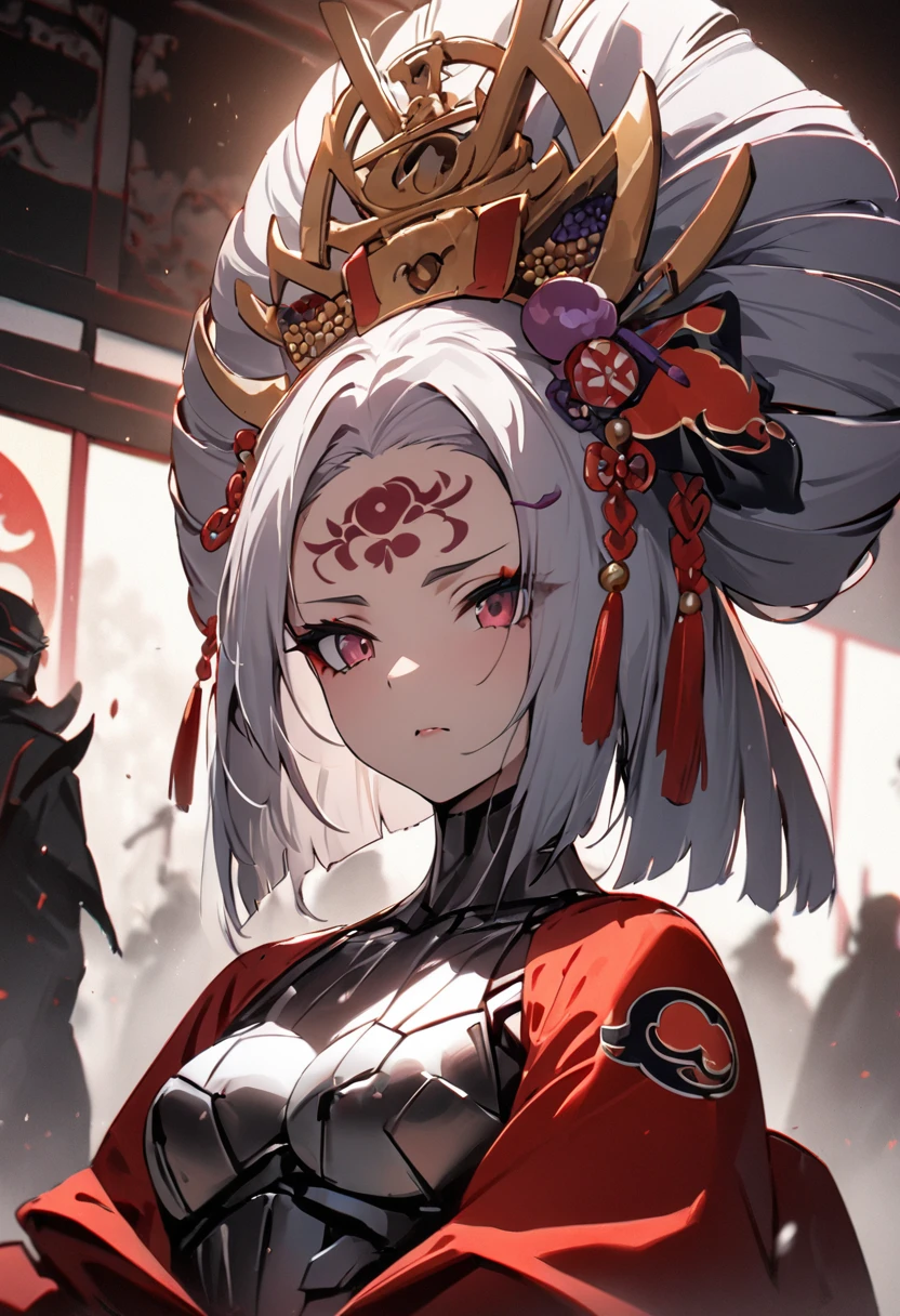 Ink painting, (((1 girl))), (((Tattoo in the middle of the forehead))),(((In the background is the Akatsuki moon))), (((Oiran))), (((Great hair accessories))), Demon possession, ((Masterpiece:1.2)), ((Highest quality)), (((Upper body covered))), close up, 1 woman ,the human, Silver hair, Upper body cyber armor, helmet , Neon Ritual Science Fiction Peter Elson Jean Giraud Dramatic Lighting (Masterpiece, Best quality), 
