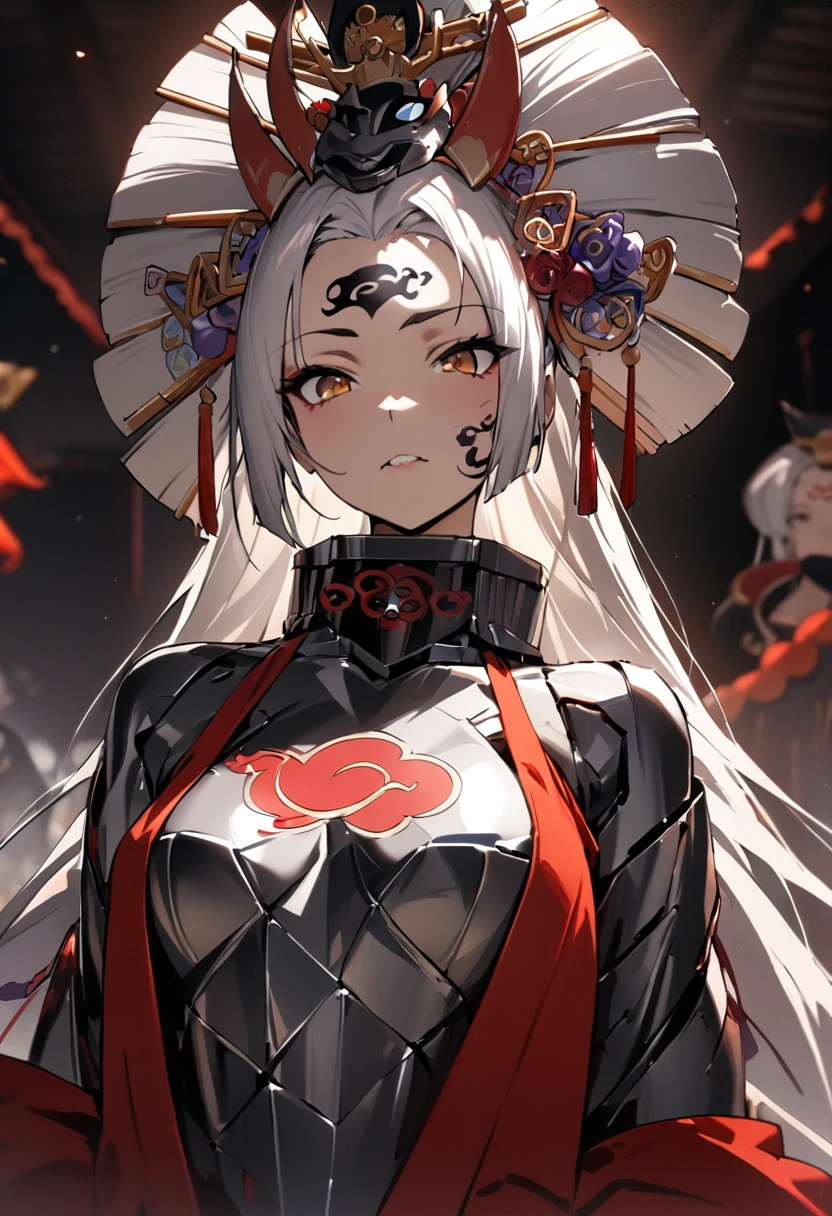 Ink painting, (((1 girl))), (((Tattoo in the middle of the forehead))),(((In the background is the Akatsuki moon))), (((Oiran))), (((Great hair accessories))), Demon possession, ((Masterpiece:1.2)), ((Highest quality)), (((Upper body covered))), close up, 1 woman ,the human, Silver hair, Upper body cyber armor, helmet , Neon Ritual Science Fiction Peter Elson Jean Giraud Dramatic Lighting (Masterpiece, Best quality), 
