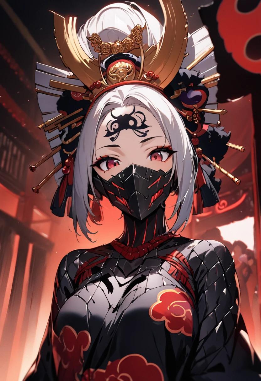 Ink painting, (((1 girl))), (((Tattoo in the middle of the forehead))),(((In the background is the Akatsuki moon))), (((Oiran))), (((Great hair accessories))), Demon possession, ((Masterpiece:1.2)), ((Highest quality)), (((Upper body covered))), close up, 1 woman ,the human, Silver hair, Upper body cyber armor, helmet , Neon Ritual Science Fiction Peter Elson Jean Giraud Dramatic Lighting (Masterpiece, Best quality),