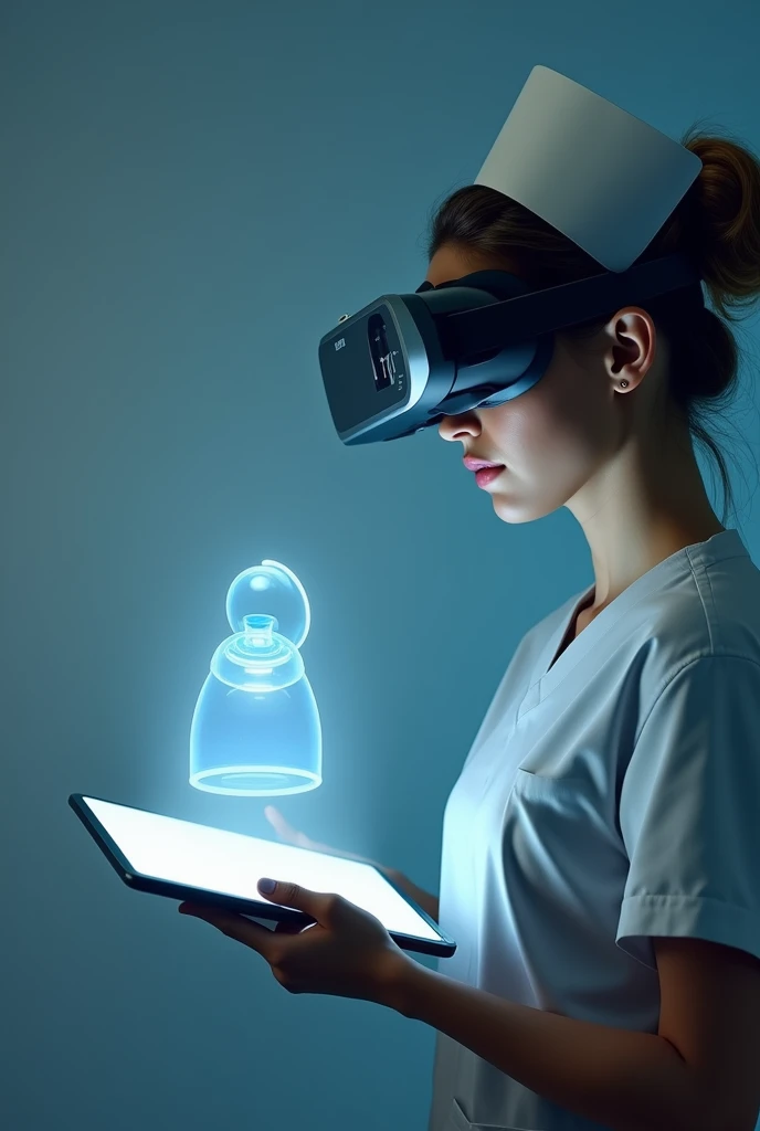 Realistic image of a tablet with a hologram of a nursing cap and lamp emerging from it. The nurse must wear a modern cap and a bun as her hairstyle.. To this same image, add virtual reality glasses to the nurse.