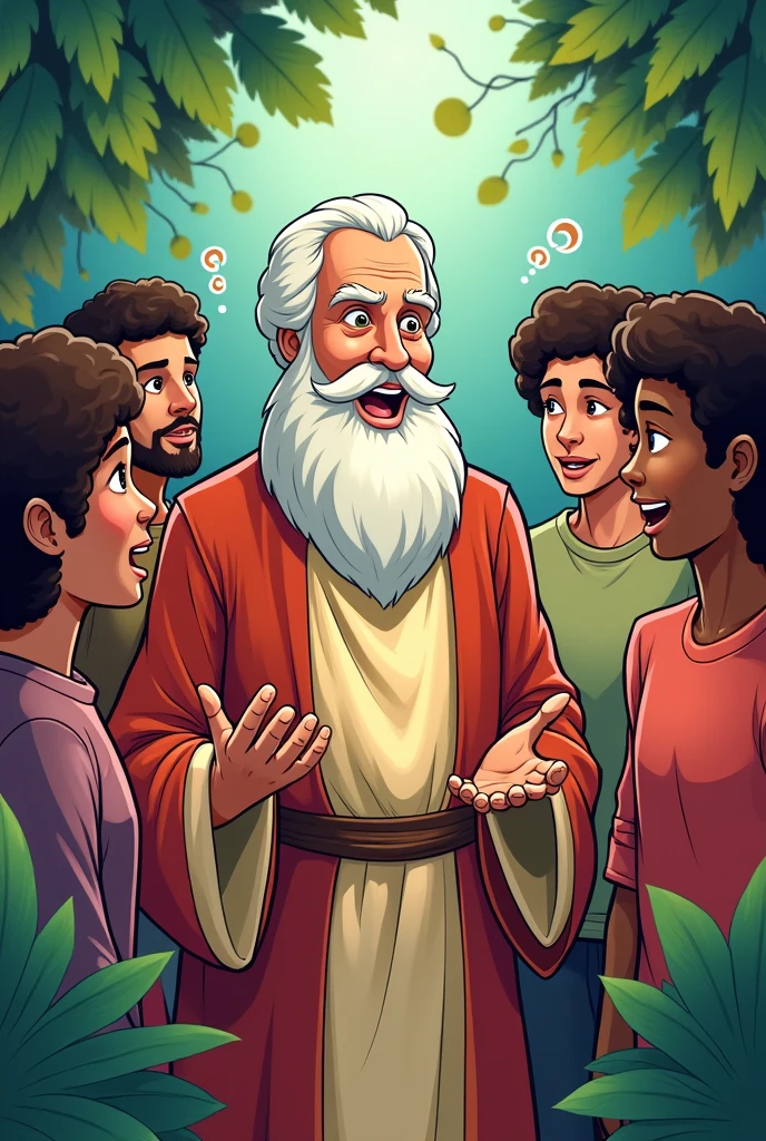 Create for me an image of St. Augustine with young people around him, with cartoon style 