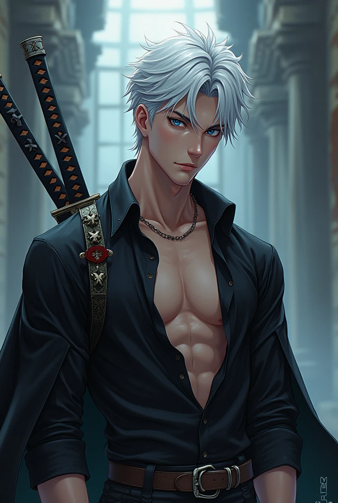 short white hair anime handsome boy with emotionless dark blue sharp eyes, white hair toned, with katana wearing open wide collar black shirt with a pirate cape in the shoulders