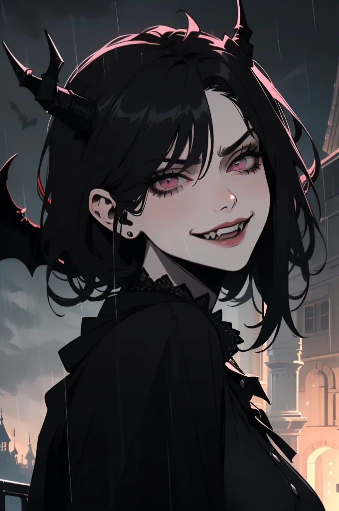 (outside, scary castle, raining, evening, soft light, dim lit, moody vibe, horror \(theme\), ), (((hissing angrily))), (insanely detailed, beautiful detailed face, masterpiece, best quality), 1girl, succubus, demon girl, mature female, black hair, pink eyes, grin, smirk, demon horns, black tail, black demon wings,