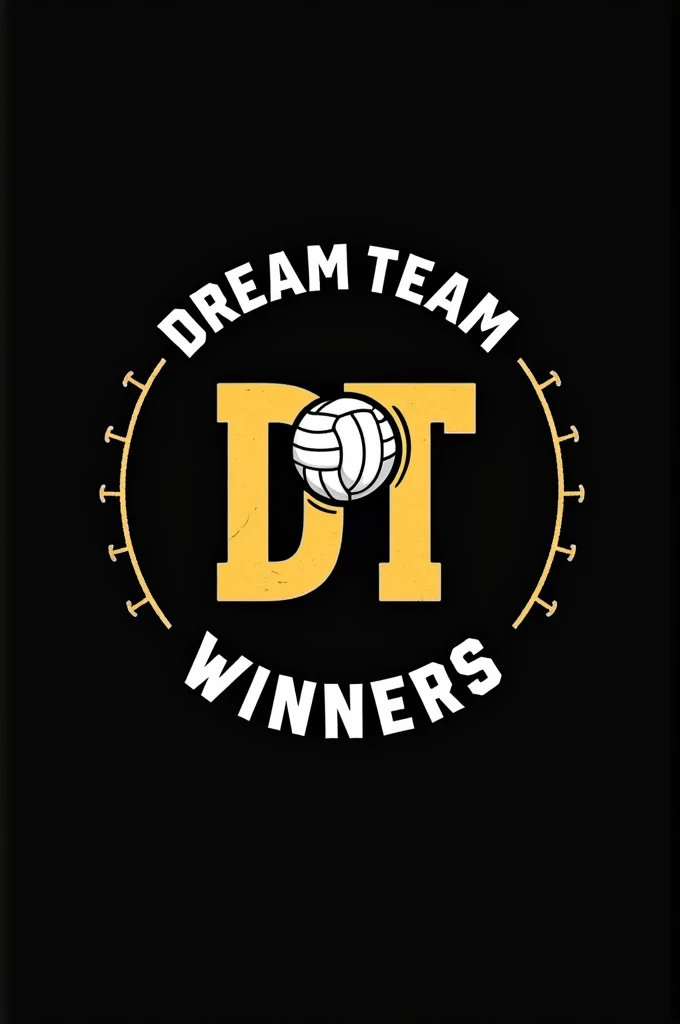 Make a tablecloth of a club called " Dream Team" and has a logo that says "DT" and the city called TACNA also appears and the tablecloth has a black background, The tablecloth is for the sport VOLLEYBALL so it has to contain something on the tablecloth that is about volleyball., which is to hang and encourage the team, with a motto that says ALWAYS WINNERS or something similar to encourage the team, that does not have many colors, only black which is the background and the letters which can be gold or white, that the ball is white and that it is long, It is not wide, not high