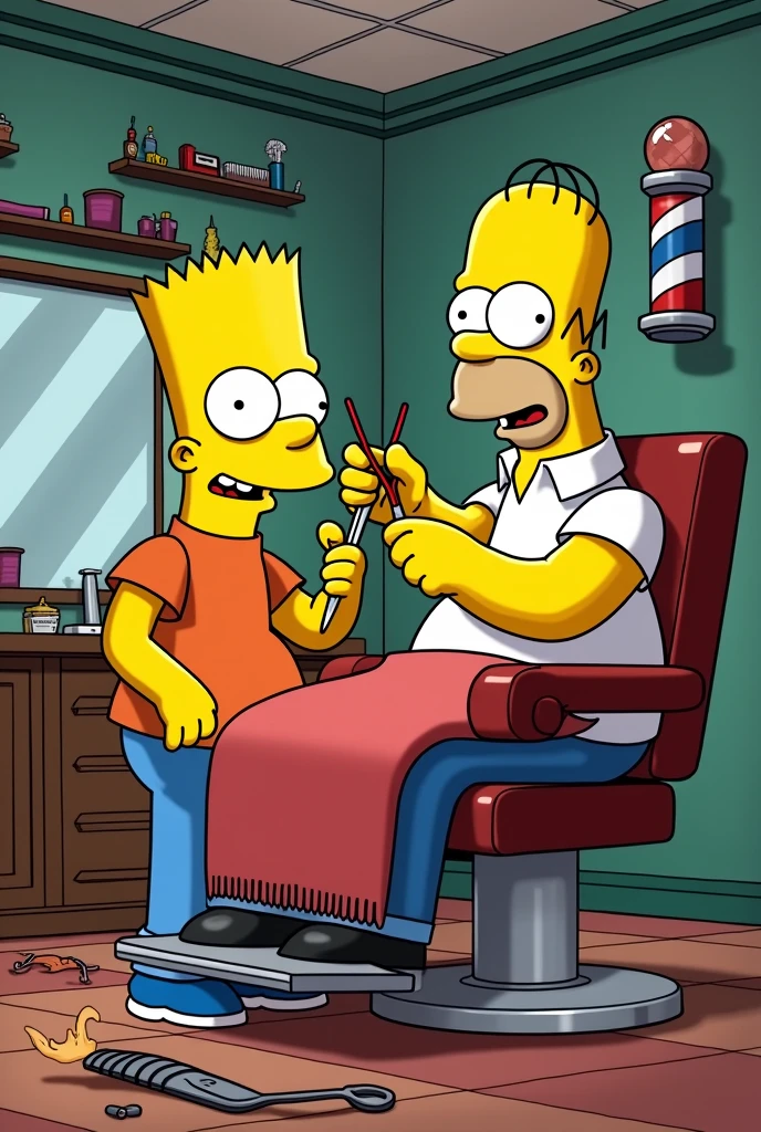 Bart Simpson being a barber cutting Homer's hair with scissors