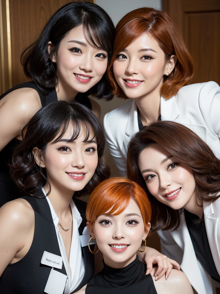 three sexy women in office lady outfits, looking at camera, cute smiles, happy opened mouths, goth eye makeup, close up faces portrait, short curly orange hair, view from below