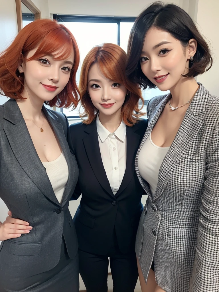 three sexy women in office lady outfits, looking at camera, cute smiles, happy opened mouths, goth eye makeup, close up faces portrait, short curly orange hair, view from below