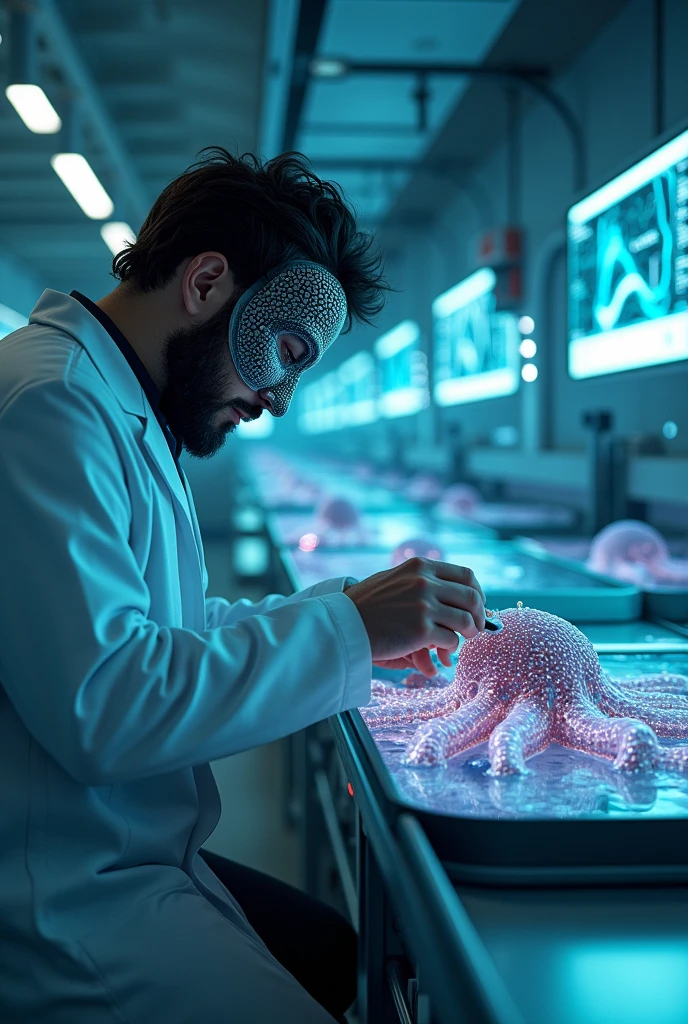 "Create a detailed scene of a high-tech aquaculture facility where a male engineer with beard is working on implanting sensors into the brains of octopuses. The engineer, wearing a sleek, modern lab coat and a venetian carnival mask is carefully attaching small, advanced neural devices to an octopus lying on a specialized operating table. The octopus is in a clear, water-filled containment unit, with soft, glowing lights illuminating its translucent skin. In the background, large tanks filled with other octopuses and advanced monitoring equipment line the walls. The atmosphere is a blend of futuristic technology and marine biology, with screens displaying complex data and neural maps. The overall feeling is one of innovation and scientific exploration."