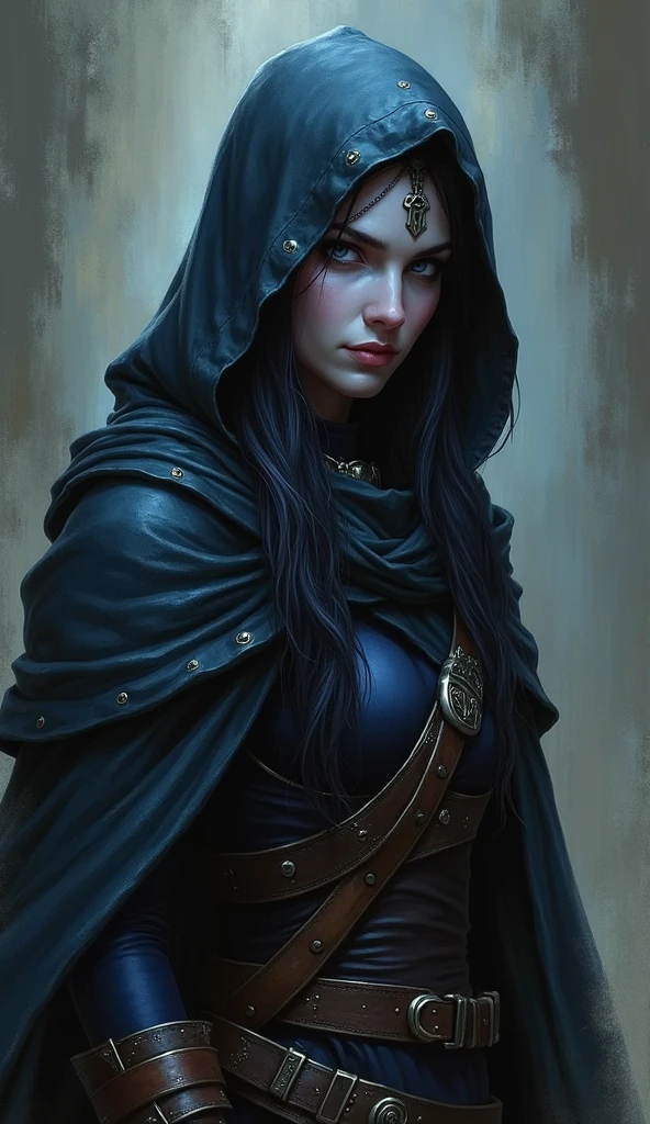 a painting of a dark elf woman with dark colored eyes wearing a hood and a sword, drow, perfect drow, elfa drow, Detailed Matte Fantasy Portrait, drow ranger, of an ancient ring elf, blue skin elf, guapo drow, fantasy portrait art, fantasy woman, elven, dark elf maiden, elf character with smile, Dark Elf Princess