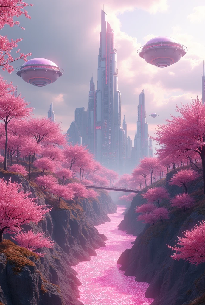 A vast and futuristic kingdom of the Sakurianas set in 2024 in China. The kingdom is nestled within an expansive, high-tech forest of Sakura trees, where petals continuously fall, creating a mesmerizing and otherworldly atmosphere. The Sakura trees are enhanced with bioluminescent technology, glowing in various shades of pink and providing a soft, ambient light.The architecture features sleek, transparent towers and domes, suspended in mid-air and supported by advanced anti-gravity technology. These structures reflect the soft hues of the Sakura flowers and are connected by floating walkways made of smart glass that can adapt its transparency and color.The kingdom is shielded by energy barriers formed from a sophisticated, energy-absorbing material that mimics the appearance of Sakura petals but with an iridescent, shimmering quality. High-tech observation towers, covered with holographic projections of Sakura flowers, serve as watchtowers, with vigilant Sakurianas using advanced sensors and drones to monitor the kingdom’s defenses.Floating gardens, maintained by automated systems, are suspended above the kingdom and are fed by advanced hydroponic and aeroponic technology. Rivers of glowing, digitally generated Sakura petals flow through the kingdom, creating a serene and immersive environment. In the distance, towering, futuristic mountains with integrated energy systems frame the kingdom, enhancing its natural beauty and creating a sense of isolation from the outside world.