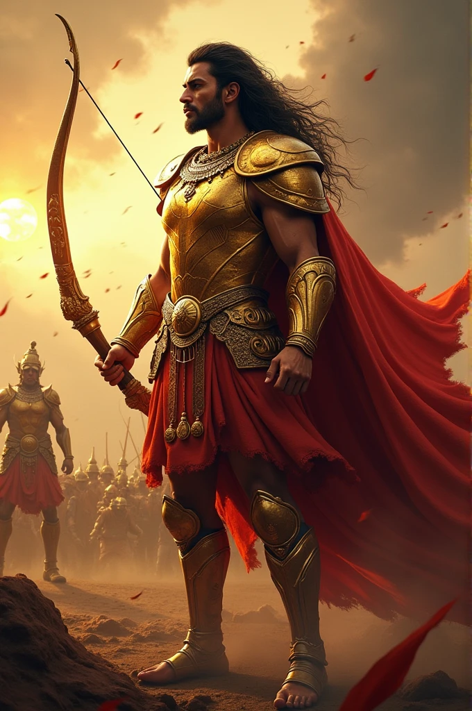 Create 5 images of karna in kurukshetra battle