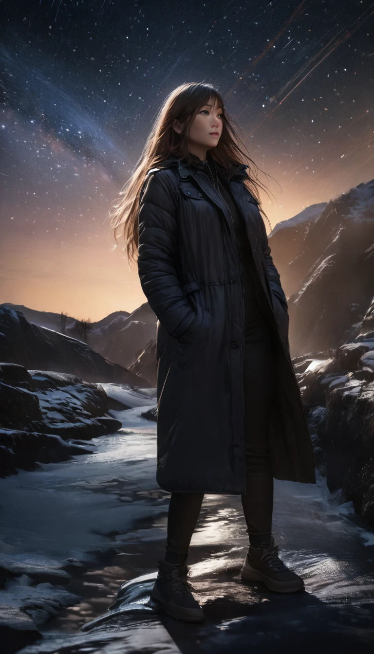 a young woman with long hair standing in a winter night sky, looking up at the beautiful starry sky, long exposure of the night sky with circular star trails, distant photo, winter, stars, night sky, silhouette, coat pockets, (best quality,4k,8k,highres,masterpiece:1.2),ultra-detailed,(realistic,photorealistic,photo-realistic:1.37),HDR,UHD,studio lighting,ultra-fine painting,sharp focus,physically-based rendering,extreme detail description,professional,vivid colors,bokeh,landscape,photography
