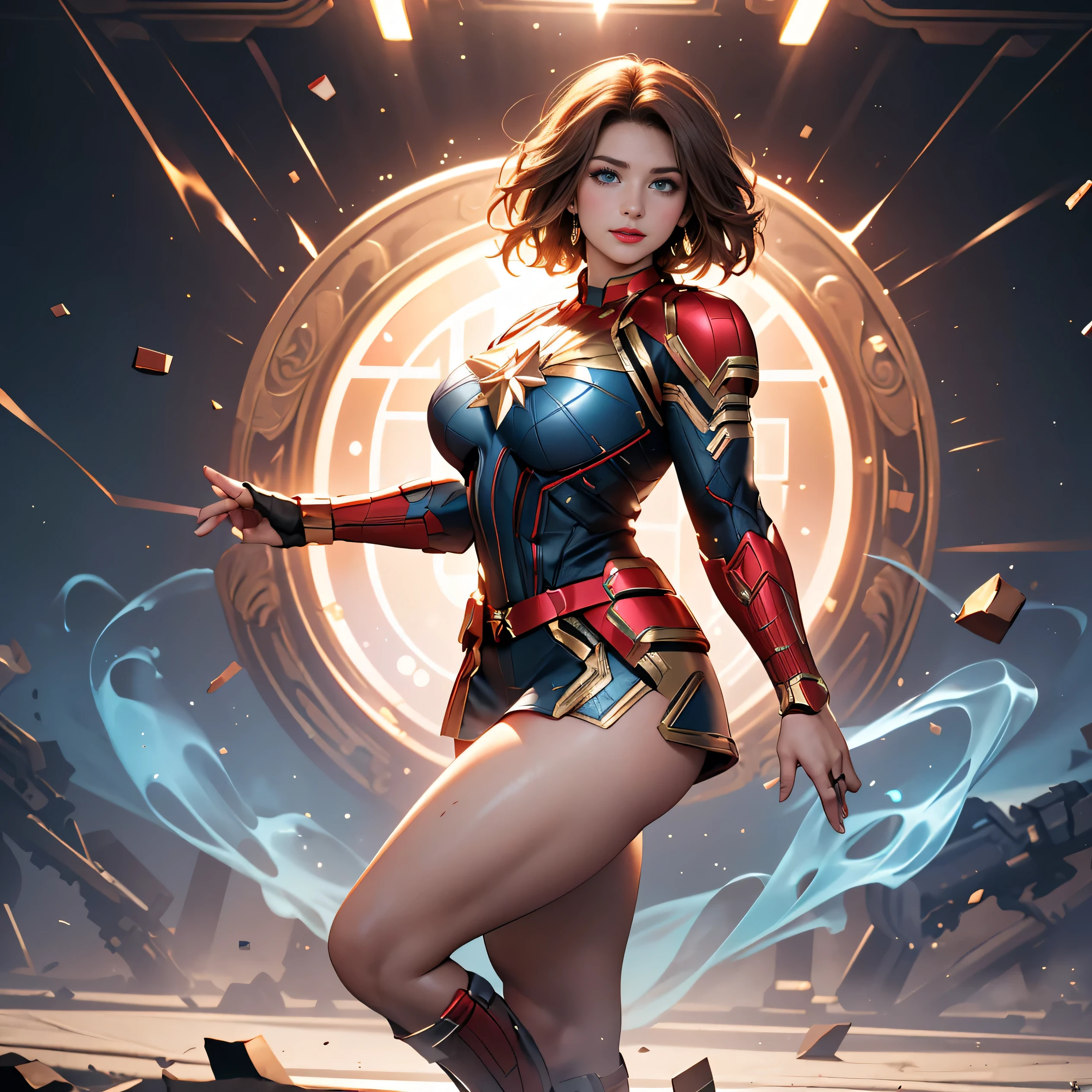 Pretty Caucasian (female), Sarah Shahi, a slim but muscular body, huge breasts, dark brown messy hair, blue eyes, ((bright red lipstick)), ((seductive smile)) ((big bright blue eyes looking towards the viewer)) ((short messy dark brown hair)) ((big breasts:1.6)) ((slender body:1.3)) (wearing captain marvel costume, [[[ultra micro miniskirt, very very very micro miniskirt exposing full lengthy thick thighs]]], )) ((in battle ground)) ((high definition:1.5), ((pale lights)) ((masterpiece:1.5))((8k:1.5)) ((Best quality:1.4)), detailed eyes, detailed hands, detailed fingers, detailed beautiful thighs, large explosive cleavage, , standing spread legs, (( full body shot)) (((view from front))),
