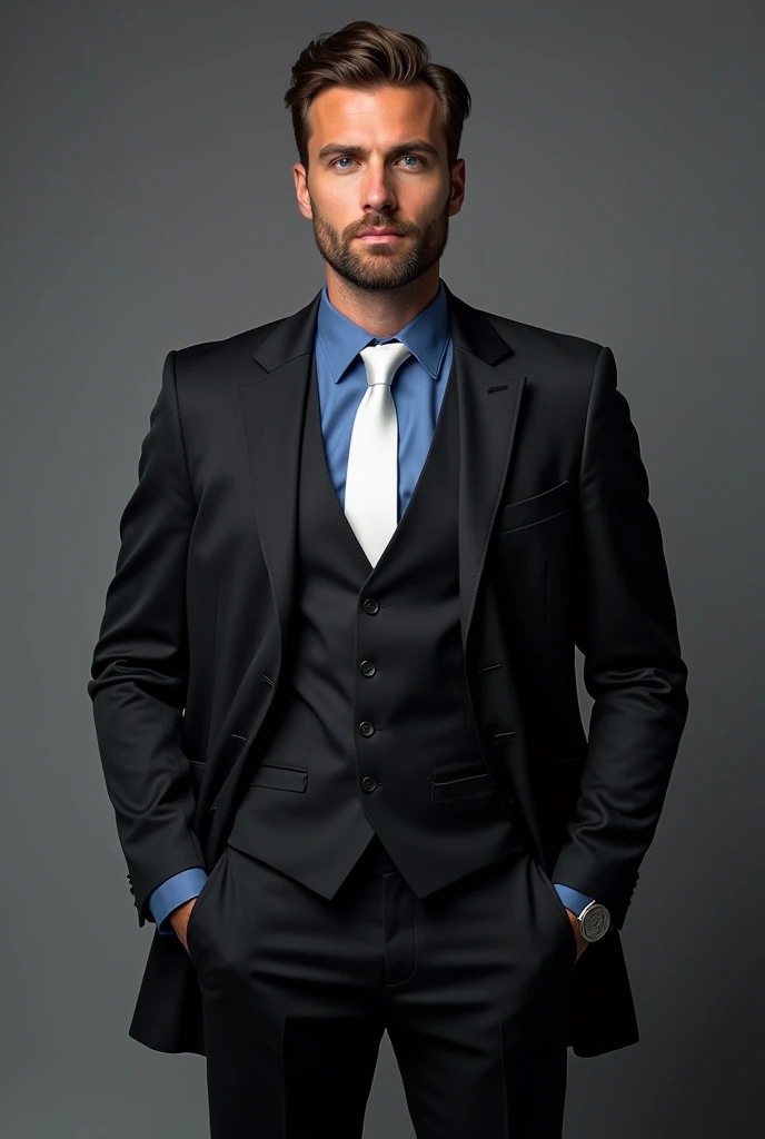 Suit: A classic charcoal black suit without a vest,tailored and well-fitted.Shirt: A dark blue dress shirt, slightly lighter than navy but still deep in color.Tie: A crisp white tie, contrasting with the dark suit and shirt.Accessories: Optional elements could include a white pocket square or cufflinks for added detail.