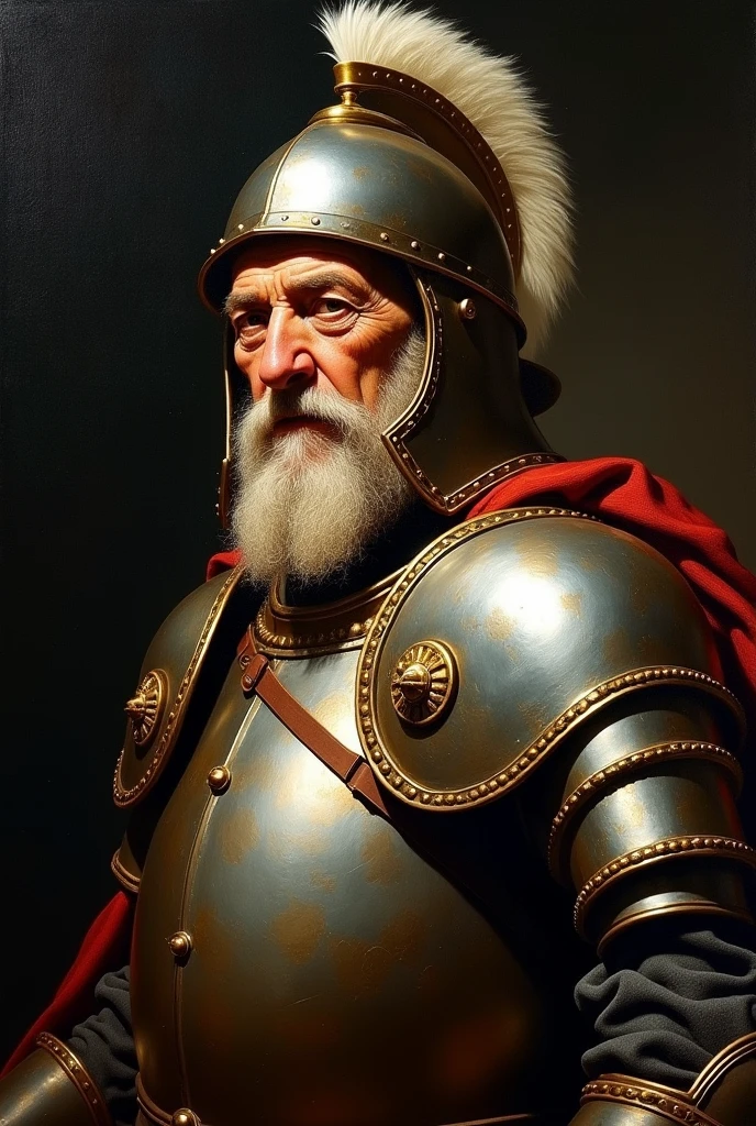 masterpiece, Baroque, high contrast, realism, Black background, rembrant painting style,  old man in armor, and metal helmet with feather, very bright, a lot of detail, old painting style, Baroque, oil painting, warm tones, Caravaggio,