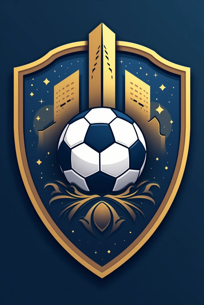 Shield for soccer team , WITHOUT LETTERS AND THAT THE COLOR GOLD WITH BLUE AND WHITE PREDOMINATES AND THAT IT IS ELEGANT AND THAT IT INCLUDES AN ELEGANT SOCCER BALL WITHOUT LETTERS OR NUMBERS AND THAT IT HAS AN IMAGE OF THE COLPATRIA TOWER AND THAT IT IS VERY ELEGANT 

 

