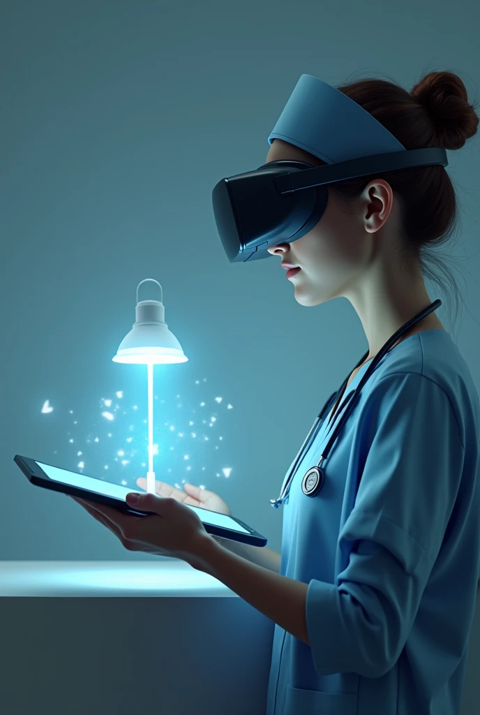 Realistic image of a tablet from which a hologram of human anatomy emerges. The nurse must wear a modern cap and a bun as her hairstyle.. To this same image, add virtual reality glasses to the nurse.