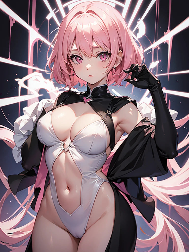 short pink hair, pink eyes and white skin, small breasts and curvy body, black gown