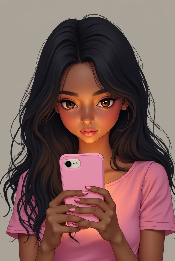 A girl with black hair, Brown eyes , coffee-colored skin covering his face with a cell phone, with a pink top 