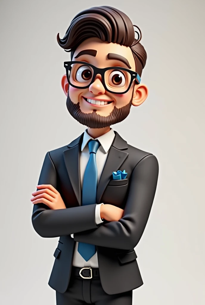 A full body 3D cartoon character. He has a friendly and charismatic appearance. The character is a young man with fair skin, a beard and dark brown hair combed up, thick eyebrows, large brown eyes and wears glasses. He is smiling confidently. The character is dressed formally, wearing a black suit, white shirt and blue tie. In his jacket pocket is a blue handkerchief, matching his tie. He has his arms crossed in front of his body. Your posture and relaxed posture suggest confidence and ease. The background of the image is neutral, which highlights the character even more.