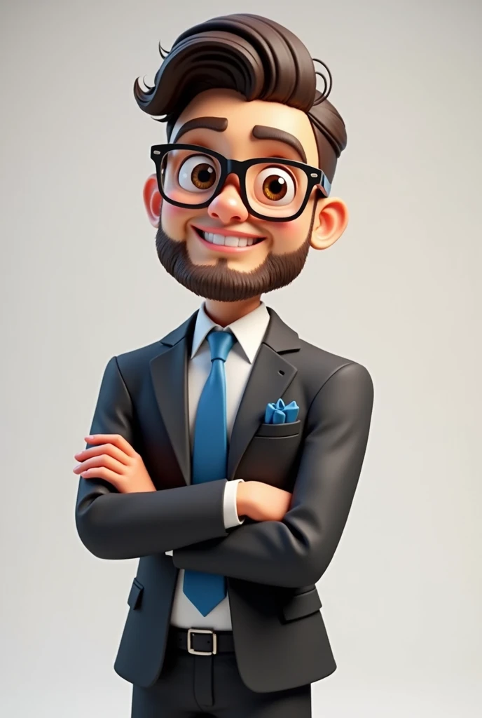 A full body 3D cartoon character. He has a friendly and charismatic appearance. The character is a young man with fair skin, a beard and dark brown hair combed up, thick eyebrows, large brown eyes and wears glasses. He is smiling confidently. The character is dressed formally, wearing a black suit, white shirt and blue tie. In his jacket pocket is a blue handkerchief, matching his tie. He has his arms crossed in front of his body. Your posture and relaxed posture suggest confidence and ease. The background of the image is neutral, which highlights the character even more.
