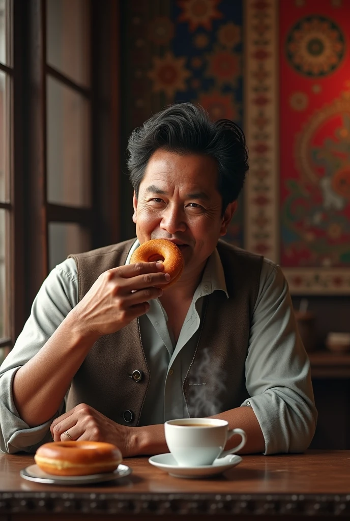 Will please create a photo of Nepali hero mahanayak Rajesh hamal eating donut with matka chiya  