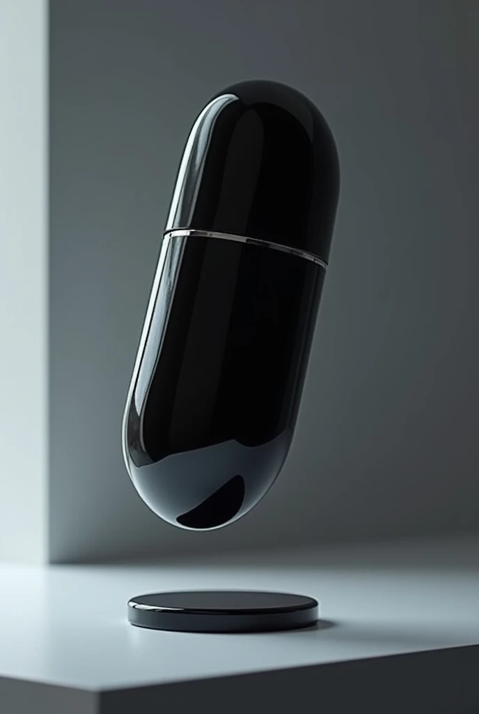 Generate a photo of the fragrance, the bottle of which looks like a capsule. with a magnetic stand, as if in the air, black metallic color. Modern style