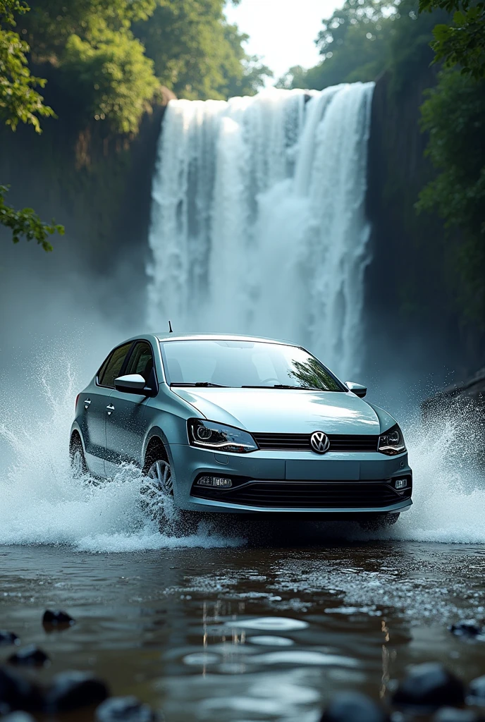 Grey Volkswagen vento run in water fall