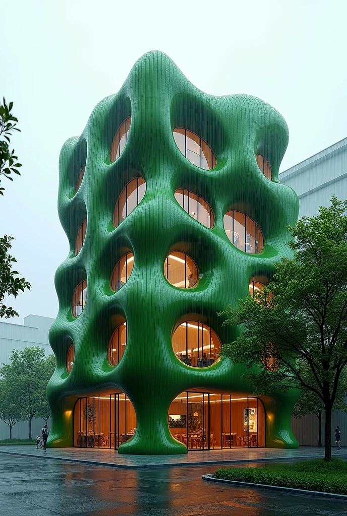 Installlation architectural facade of restaurant commercial bulding , exterior view , 22 meters high 
A tree in front of builing , green parametric architecture , like zaha hadid drawing , 4th floos , rainy day 