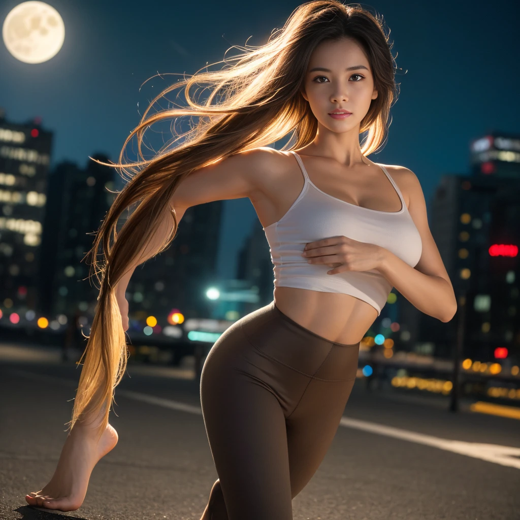 1 female, whole body, Standing posture, 回し蹴り, Tank top, short yoga pants, Beautifully drawn all the way to the toes, Lift your legs, bionde, ponytail, Eye contact with viewers, Manhattan at night, moon, Beautiful Face, highly Realistic skin texture, Highly detailed eyes:1.1, Blush all over face, Fuller lips, Lean Your Body, Wide Hips, Big round breasts, 5 fingers per hand, Perfect Anatomy:1.1, Perfect Proportions:1.1, barefoot, slightly muscular arms, Muscular body, (Muscular woman:0.6), Volumetric lighting, Dynamic Lighting, (High resolution:1.1), Sharp focus, (Realistic, hyperRealistic:1.4), Complex, Attention to detail, cinematic, Capture the light, Multiple lights, Scattered beneath the surface, bokeh, vivid, Polished, Honed, ((Full Sharp)), (Extremely absurd), 4K, High resolution, White light, 目がCapture the light, bright, light, Bright Lighting, translation, Fundist