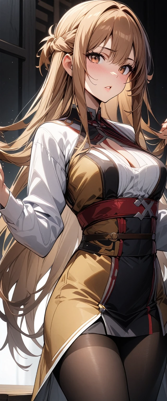 masterpiece, Top quality , , 1 girl, arms, sword, Solitary, length_hair, Chest当て,White_, ventral_Tattoo, Brown_hair, Weaving, Knee socks,Brown_Eye, skirt,White_skirt, Black_Knee socks, Red_skirt, separate_Lips, 前hair, Chest, skirt, cowboy_shooting,