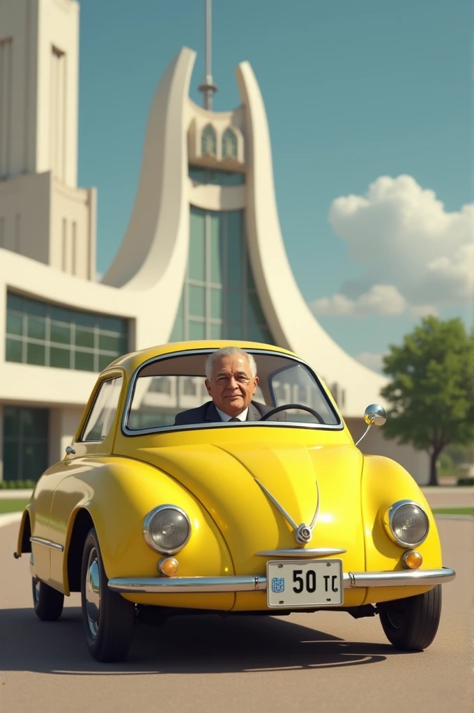 Make an image with President Juscelino Kubitscheck behind him the Planalto Palace in Brasilia with him inside a yellow Rommi-iseta car with the license plate number 50