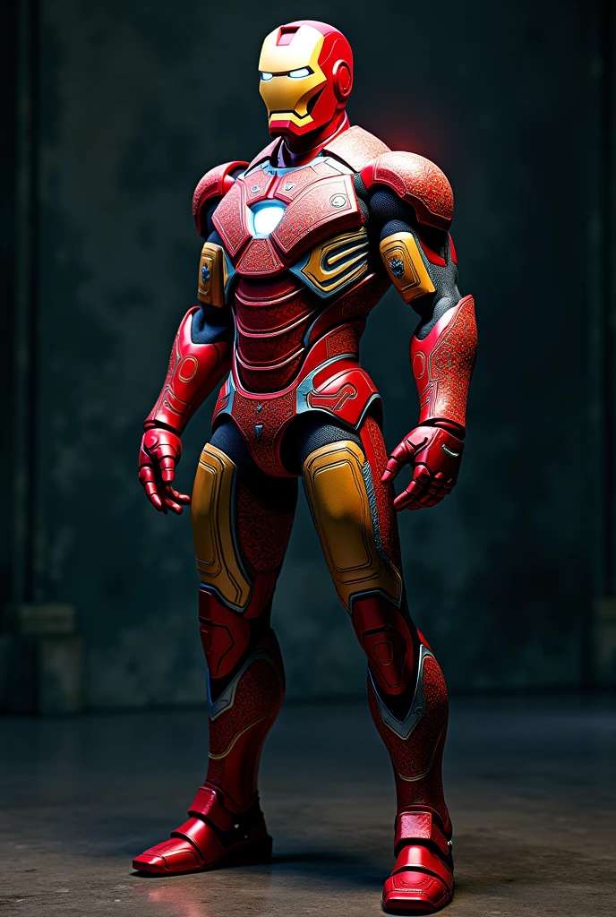 Iron man wearing colorful traditional Filipino-patterned suit in dark background