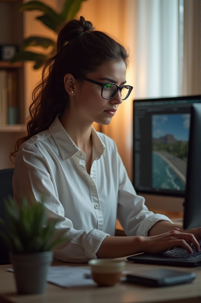 a woman working on her computer,realistic photo