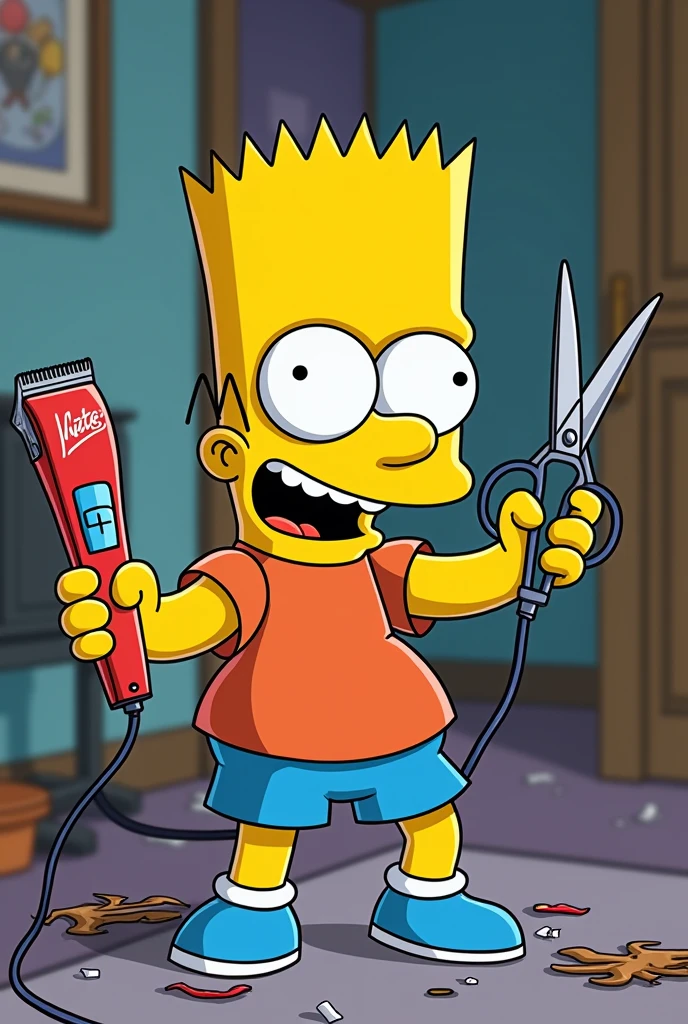 Bart Simpson with hair clipper and scissors
