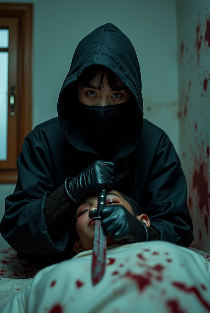 korean girl, (behind stiff, holding knife), stabbing, leather balaclava mask, black gloves, bloody room, black raincoat, bloody knife, black gloves, woman on top, behind cadaver, blood splatter, on the bed, looking at viewer, mass murderer, killer, blood splatter, light from the window, close-up,