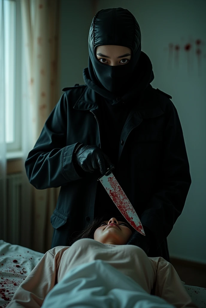 korean girl, (behind stiff, holding knife), stabbing, leather balaclava mask, black gloves, bloody room, black raincoat, bloody knife, black gloves, woman on top, behind cadaver, blood splatter, on the bed, looking at viewer, mass murderer, killer, blood splatter, light from the window, close-up,