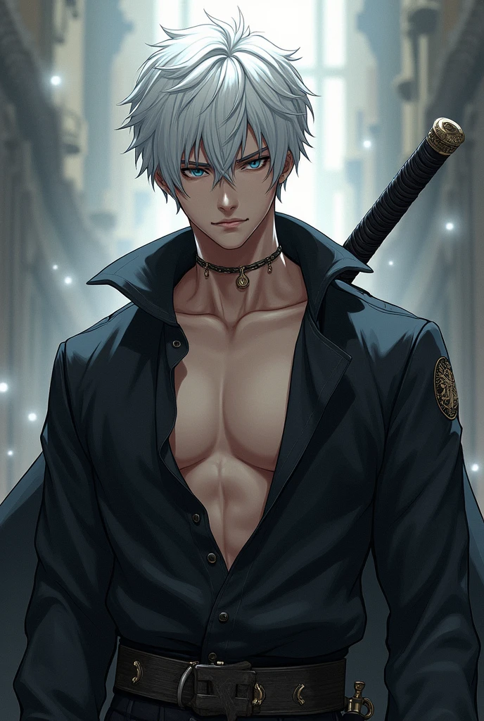 short white hair anime handsome boy with emotionless dark blue sharp eyes, white hair toned, with katana wearing open wide collar black shirt with a pirate cape in the shoulders