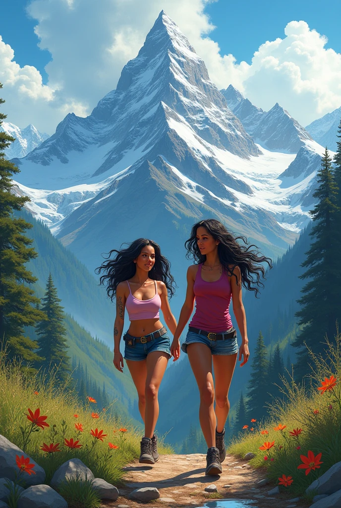 2 Latina woman walking in the mountains 
